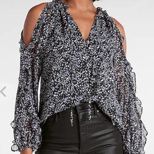 EXPRESS Women's Abstract Print V-Neck Cold Shoulder Top